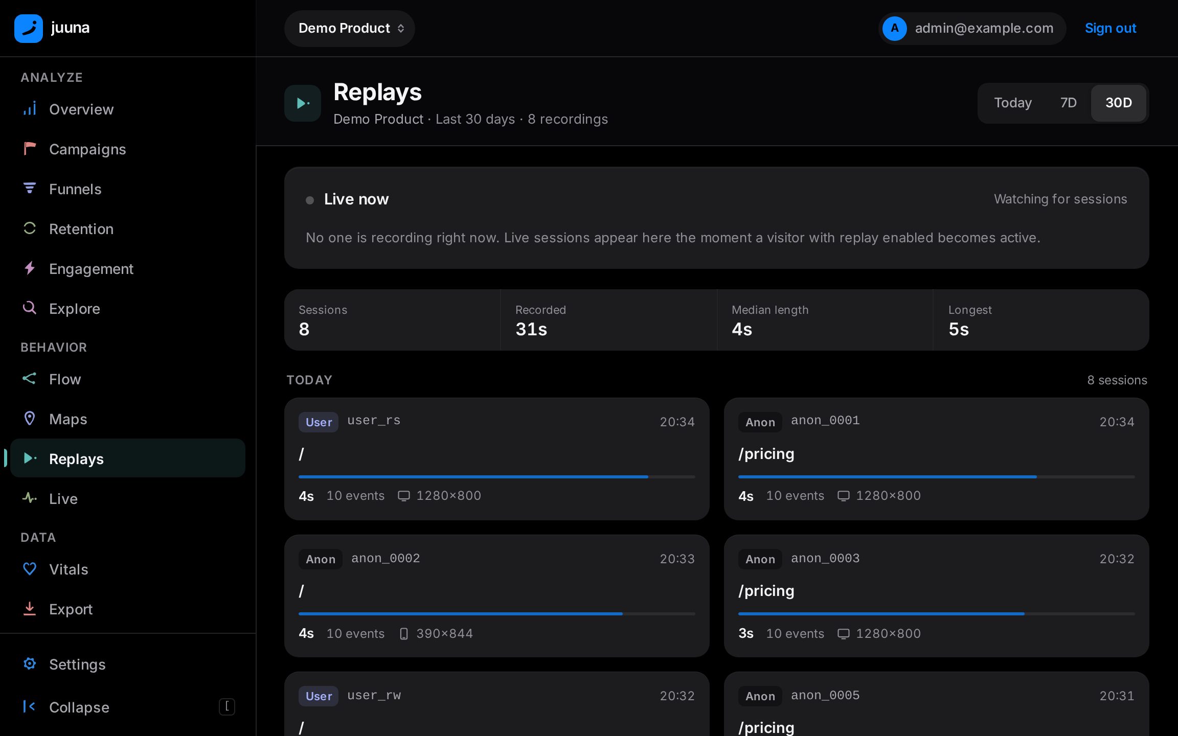 The session replay index: a live-now panel above a table of recorded sessions with visitor, page, duration and event count