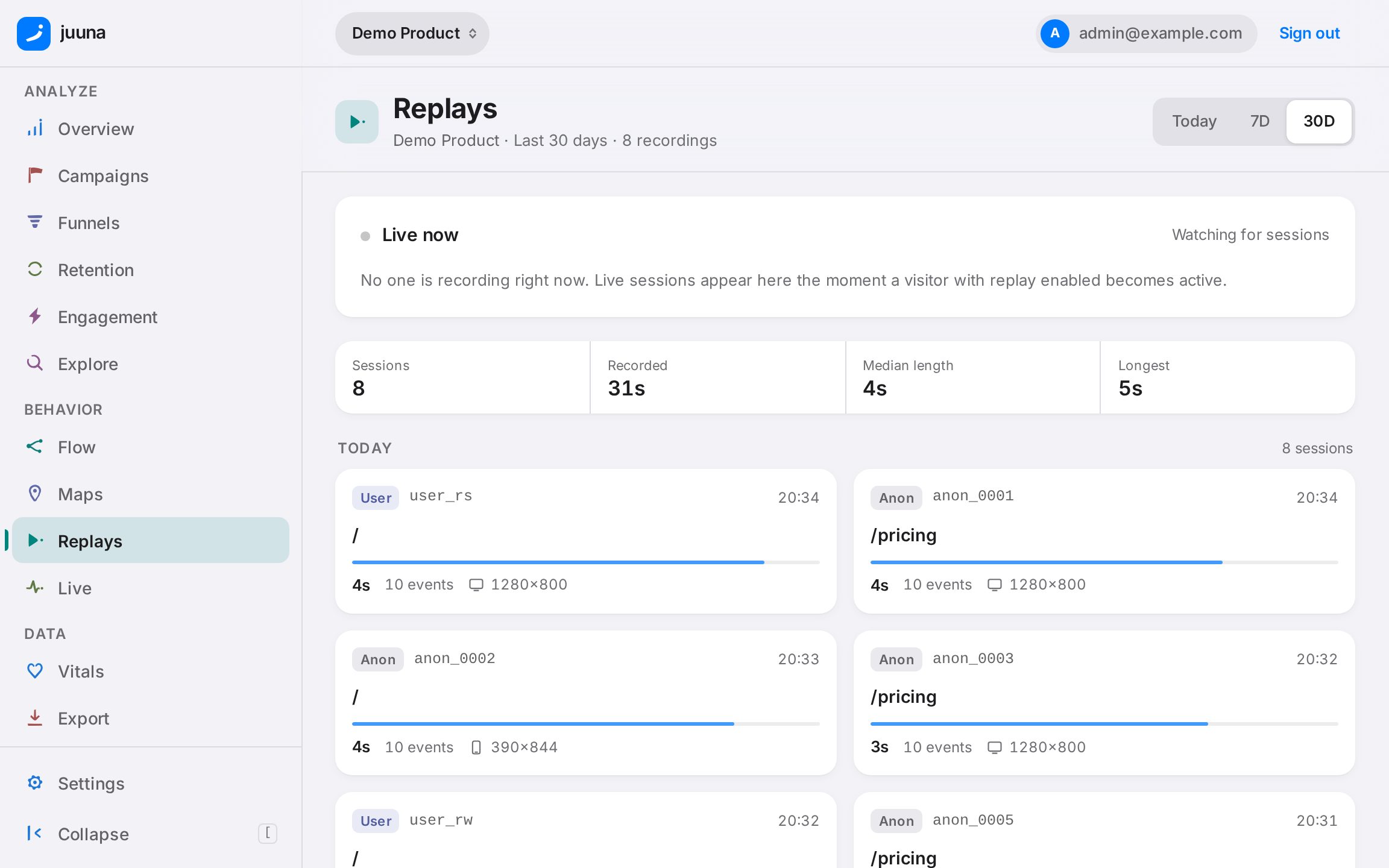 The session replay index: a live-now panel above a table of recorded sessions with visitor, page, duration and event count